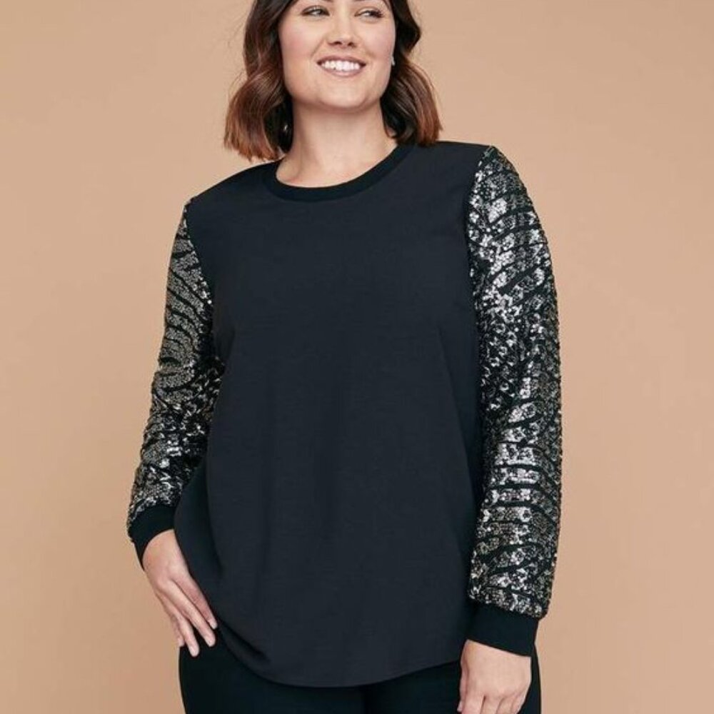 NEW | Lane Bryant | Sequin Sleeve Woven Top | Black & Silver | 14/16